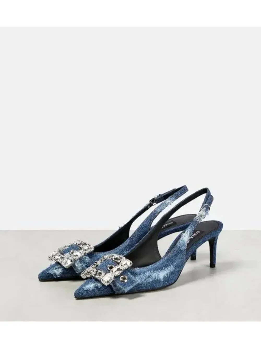 DOLCE & GABBANA Devotion Crystal Buckle denim Slingback Pumps heels size 37